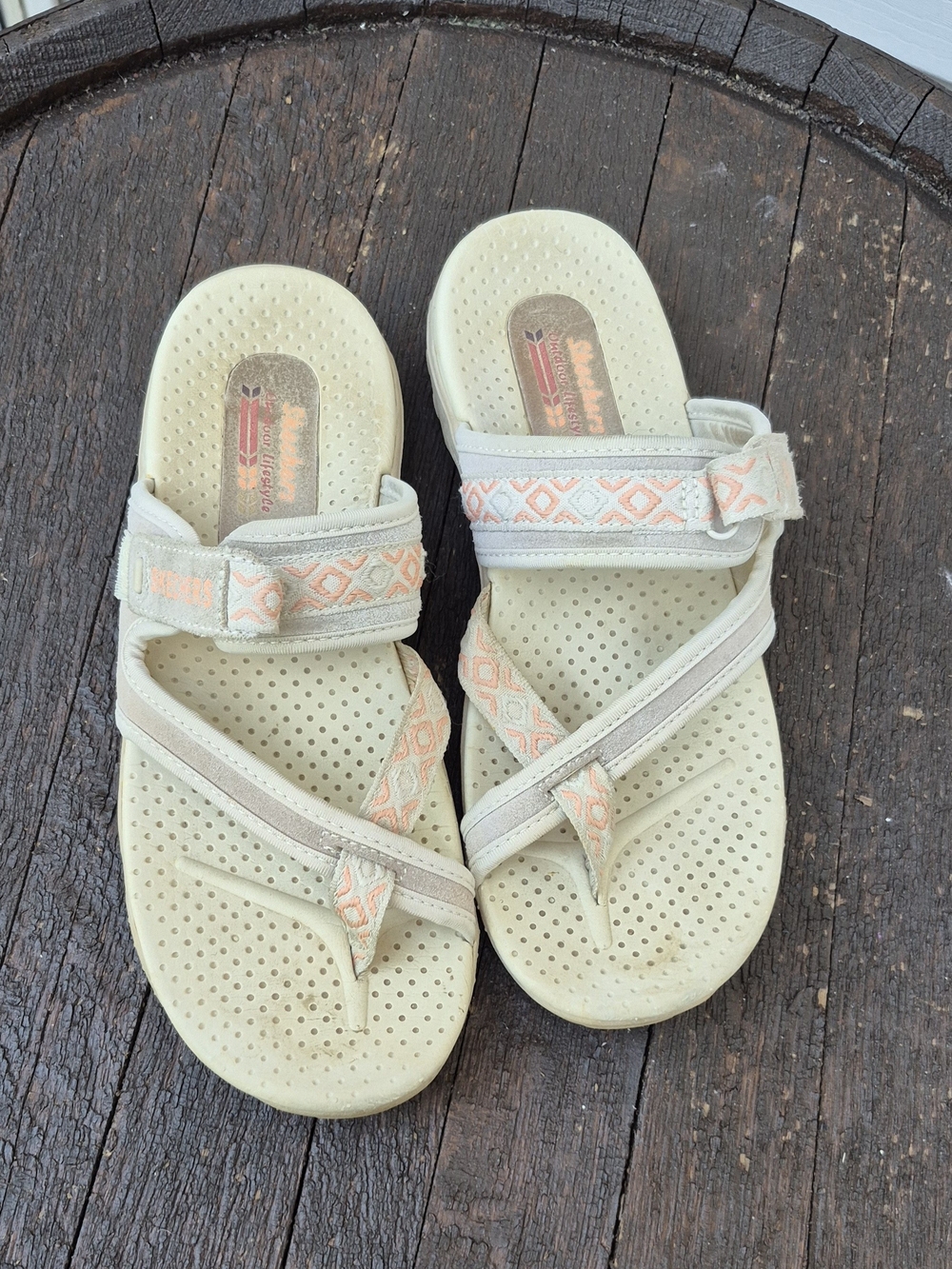 Skechers Beige and Peach Strappy Slide Sandals